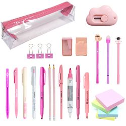 Kit Estojo Tons de Rosa Transparente Escolar Escritorio Completo