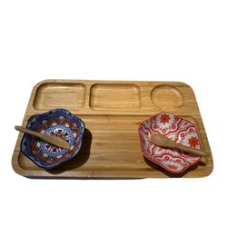 Petisqueira de bambu GR com alça couro 2 mini bowl espatulas