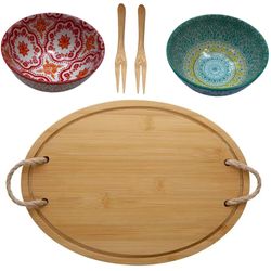 Bandeja de bambu com alça em corda 2 Bowl e Garfos