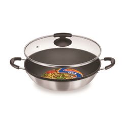 Wok antiaderente com alças e tampa 30 cm - escovado
