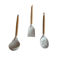 kit concha, colher vazada e espatula reta, bambu e silicone