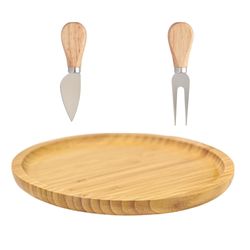 Kit bandeja bambu 25 cm, cortador e garfo para queijos